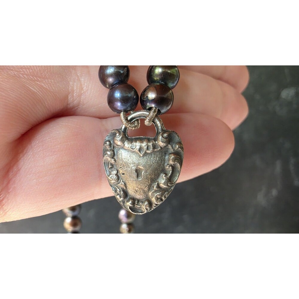 Annie Hammer 925 Sterling Silver Pearl Beaded Heart Padlock Pendant Necklace
